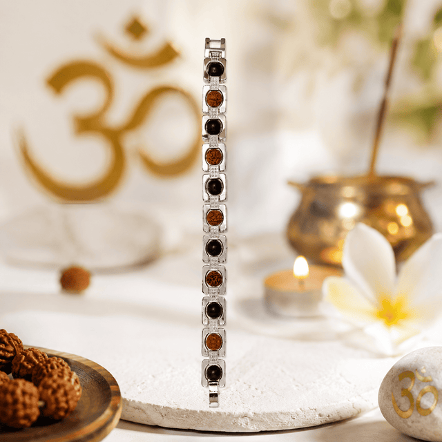 Silver Metal Rudraksha & Karungali Bracelet