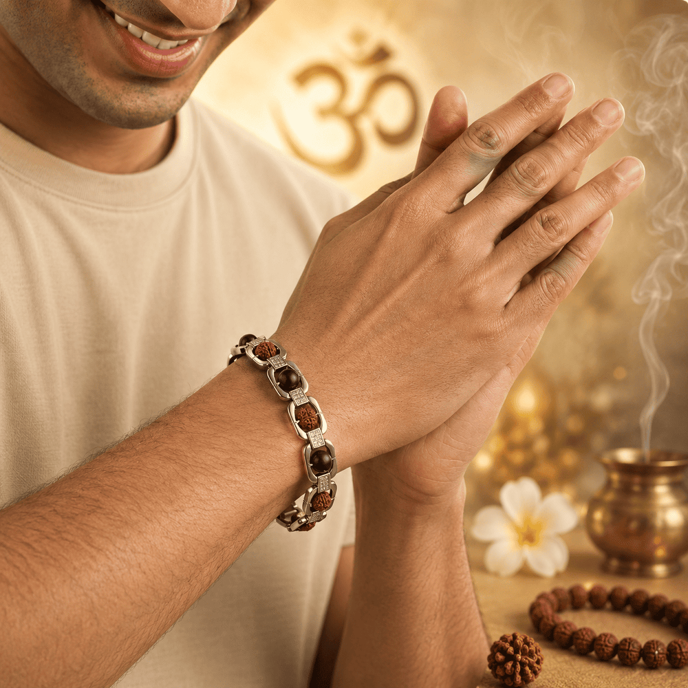 Silver Metal Rudraksha & Karungali Bracelet